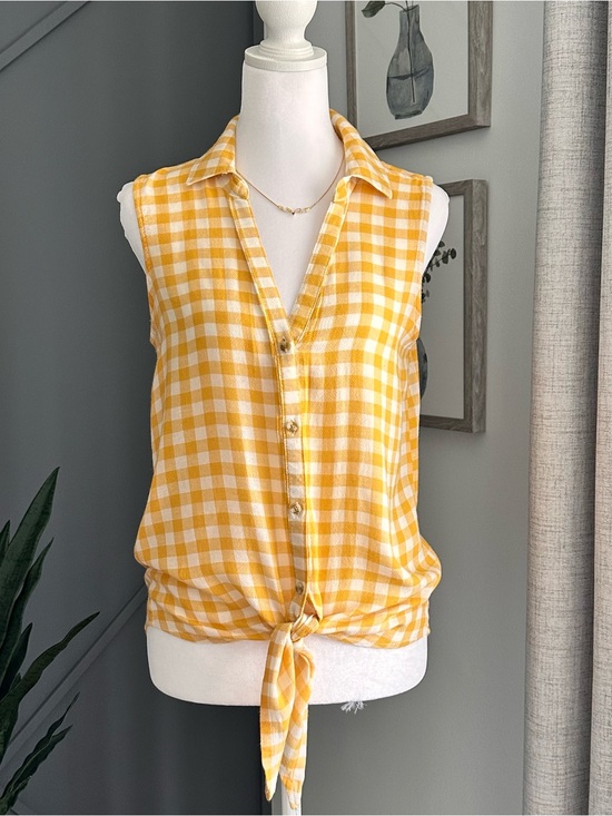 Harper Tops - Harper Yellow and White Gingham Tie-Front Sleeveless Blouse